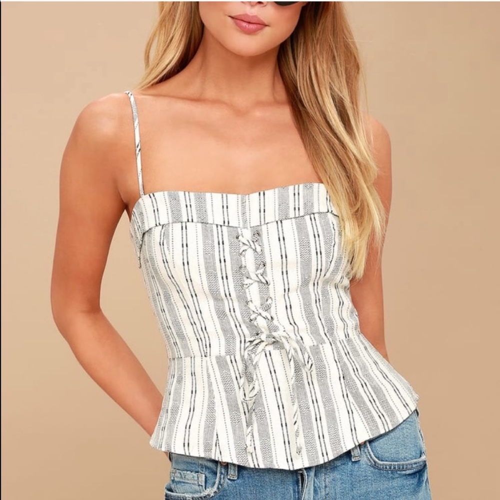 Lulus Peplum Top White Black Striped Lace-Up Crop